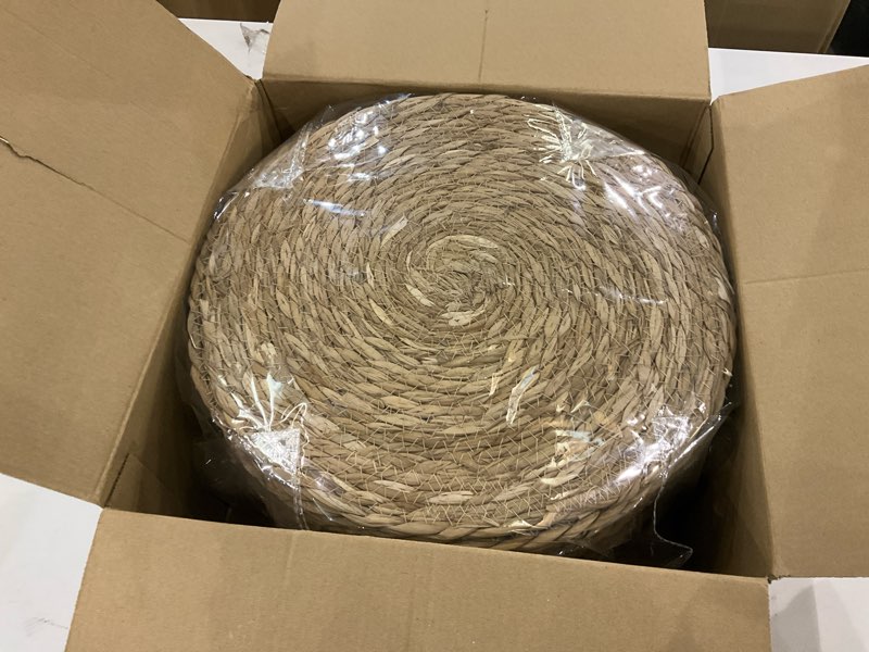 Condition photo showing New/Like New for 13 Inch Woven Placemats Set of 24, Rustic Round Placemat for Dining Table, Boho Jute Chargers for Dinner Plates, Thanksgiving Christmas Farmhouse Decor, Water Hyacinth Wicker Rattan Braided Place Mats