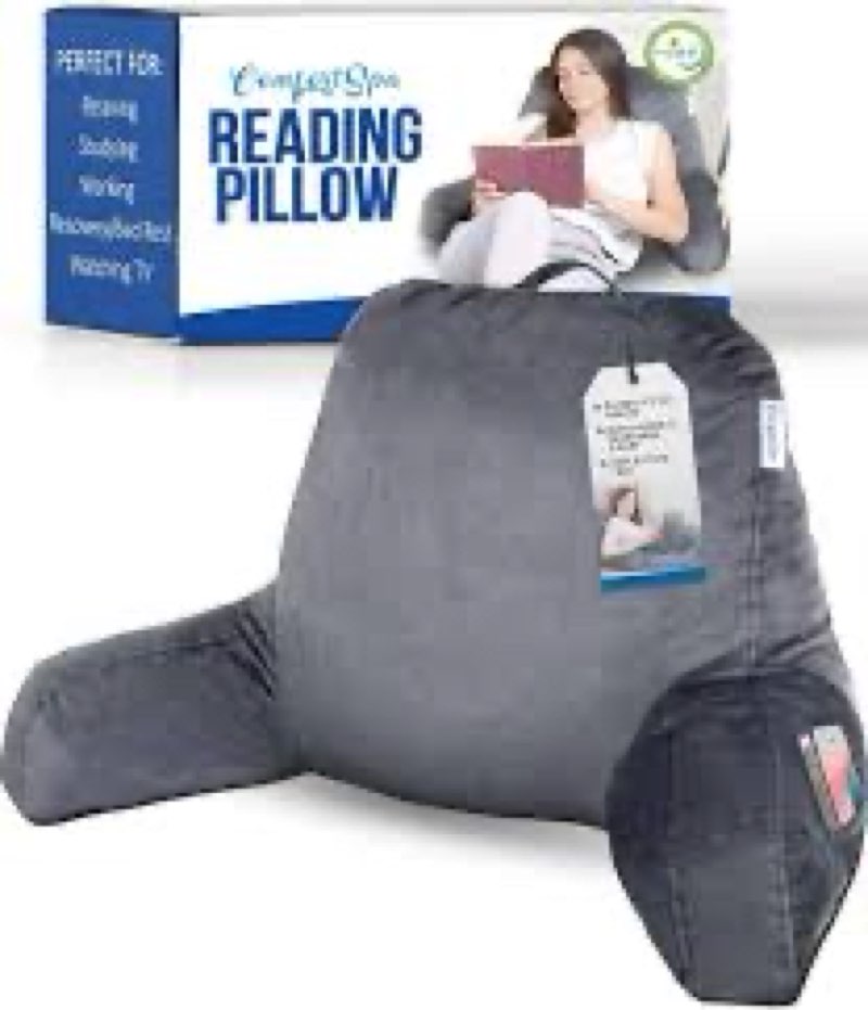 comfortspa reading pillow for bed adult size, back rest pillow with arms, pockets and washable cover; use as a back pillow for bed sitting up for bedrest or relief from gerd heartburn (large grey)