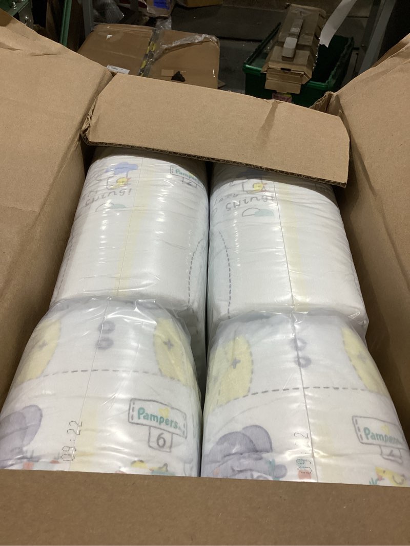 Condition photo showing As Is for pampers swaddlers diapers, size 6 (23-44 lbs), 108 count, absorbent, keeps baby dry and comfortable, skin safe disposable baby diaper (packaging may vary) size 6 108