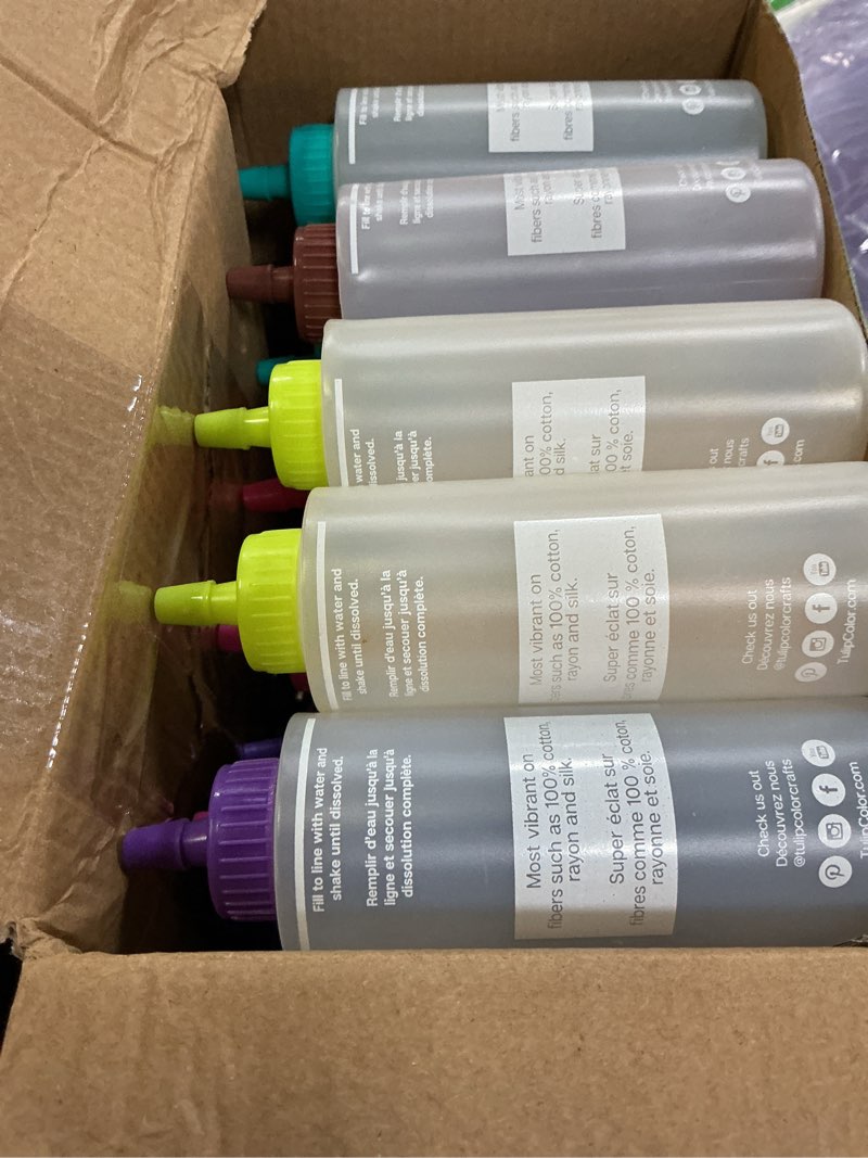 Condition photo showing New/Like New for tulip one-step tie-dye kit ultimate summer bundle, giant classroom pack, tie dye for large groups and parties, durable results - includes 30 bottles, comes with easy techniques for beginners