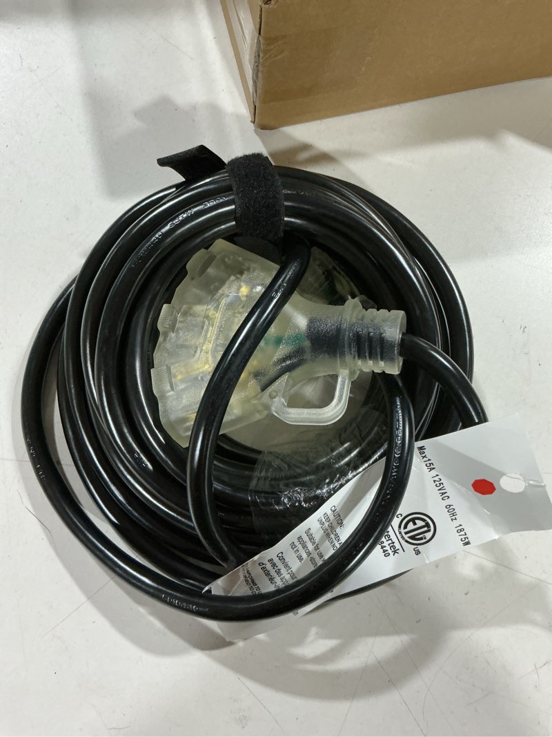 Condition photo showing Good Condition for 25 ft 12 gauge heavy duty 3 outlet extension cord splitter with indicator, waterproof outdoor extension cord with multiple outlets, 15a 1875w for home & workshop, etl listed, black sjtw black 25 ft