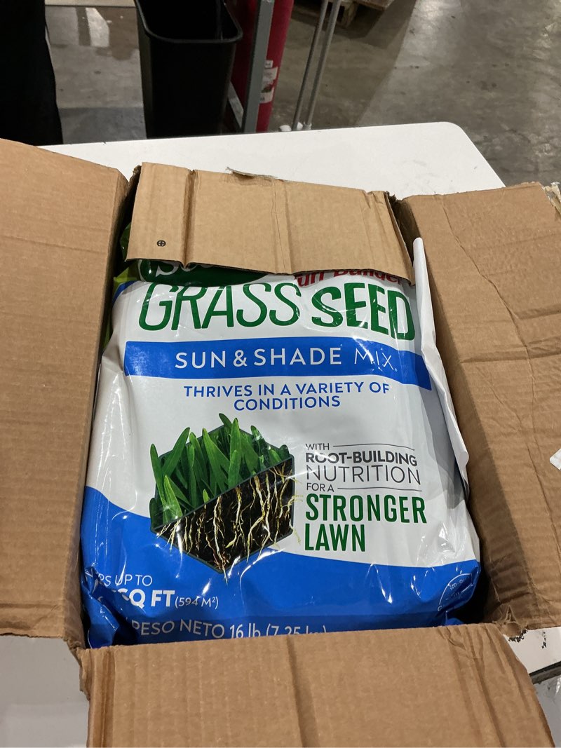 Condition photo showing Good Condition for scotts turf builder grass seed sun and shade mix - grass seed plus lawn fertilizer and soil improver, covers up to 6,400 sq. ft., 16 lb.