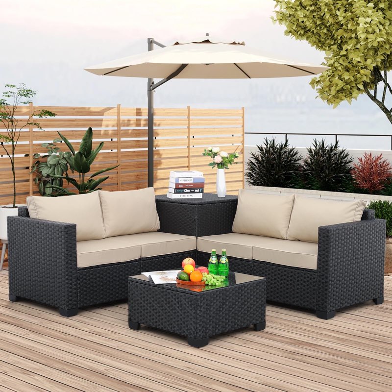 ( incomplete)WAROOM Outdoor PE Wicker Patio Furniture Set 4 Piece Black Rattan Sectional Sofa Conversation Couch Sets with Storage Box Glass Top Table and Anti-Slip Khaki Cushion