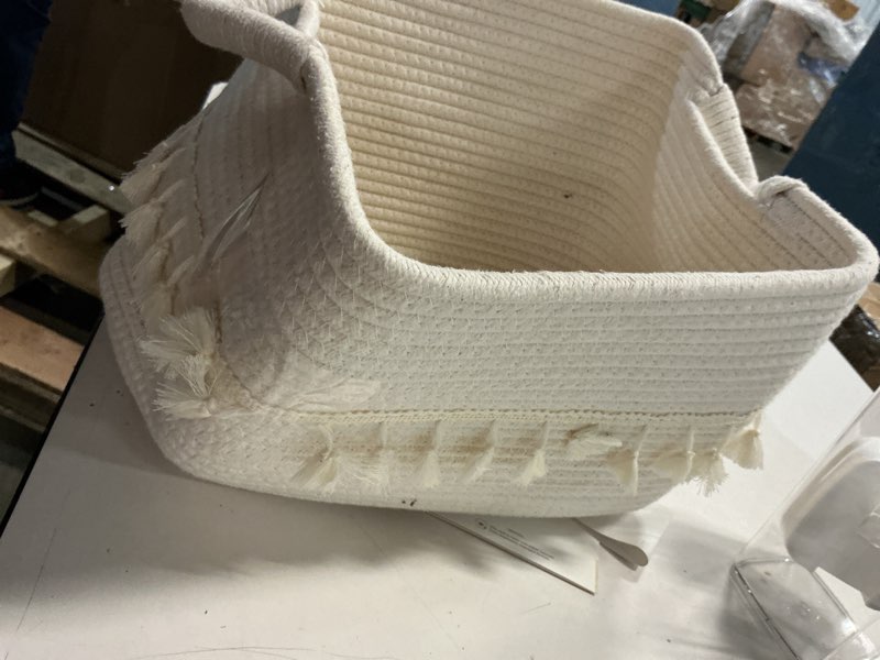 Condition photo showing As Is for danpinera 1 pc white storage baskets, 11\"x11\" soft woven baskets for storage and decor in bedroom, nursery, closet, small round rope baskets for shelves, decorative storage basket