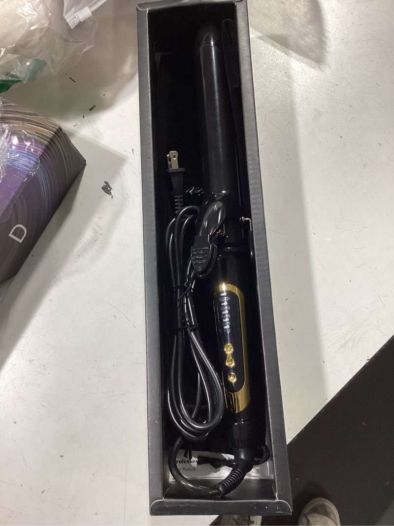 Condition photo showing New/Like New for lanvier 1.25 inch curling iron, extra long barrel 1 1/4 inch curling iron for long hair up to 450f, worldwide dual voltage hair curler for traveling, hair waving style tool black