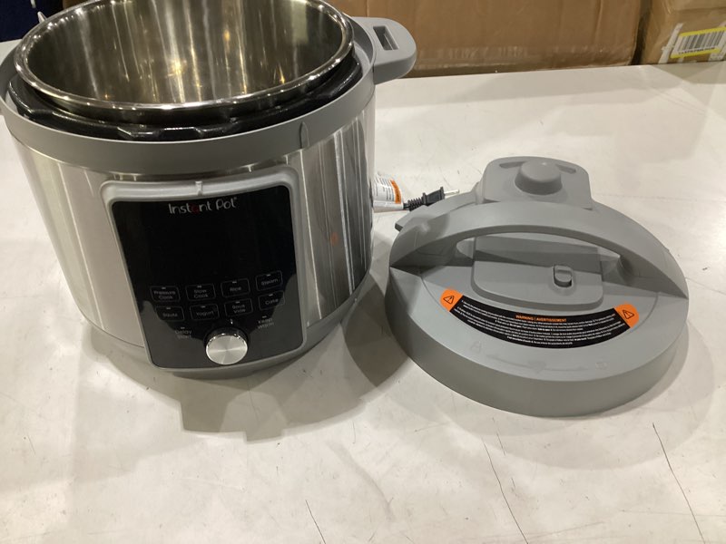 Condition photo showing As Is for **untested** instant pot, 6-quart whisper quiet 9-in-1 electric pressure cooker, slow rice steamer, sauté, yogurt maker, warmer & sterilizer, free app with 800+ recipes, stainless steel 6 quarts