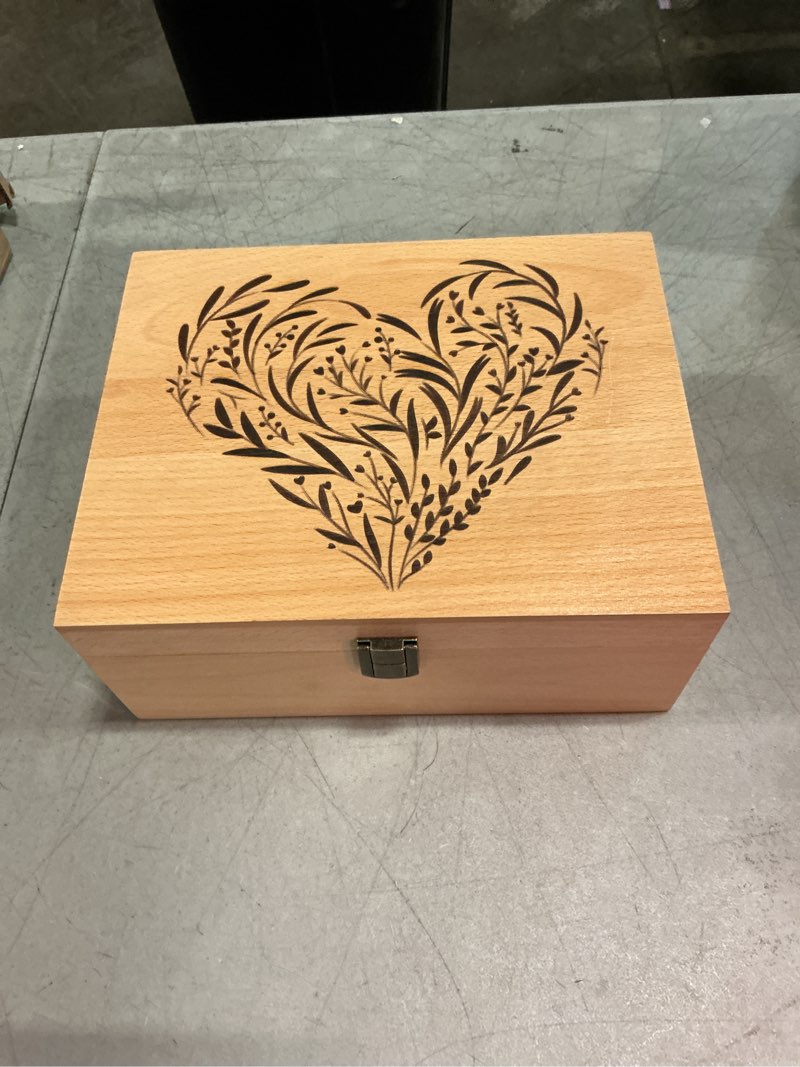 Condition photo showing New/Like New for existing wooden memory keepsake box, large keepsake boxes with lids | floral heart engraved memory box keepsakes gift for anniversary, wedding, birthday, valentines day, for office or home 9.8"l x 7.8"w x 4.1"h khaki