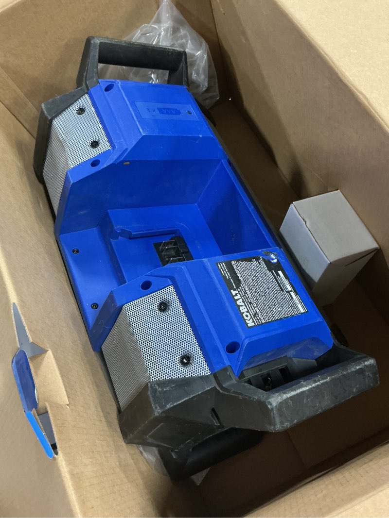 Condition photo showing As Is for kobalt 24-volt water resistant cordless bluetooth jobsite radio