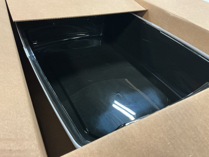 Condition photo showing New/Like New for iris usa cat litter box xx-large open top with high sided walls tall scatter shield scoop included easy clean plastic pan for big cats kittens multi-cat households 30"l x 20"w x 14"h black xxl black