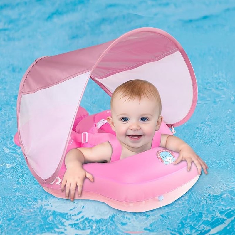 Doctor Dolphin Baby Pool Float with Buoy Tail Anti-Backflip Air Bag Inflatable Baby Swimming Float with Sun Canopy Awning for Age of 6-30 Months