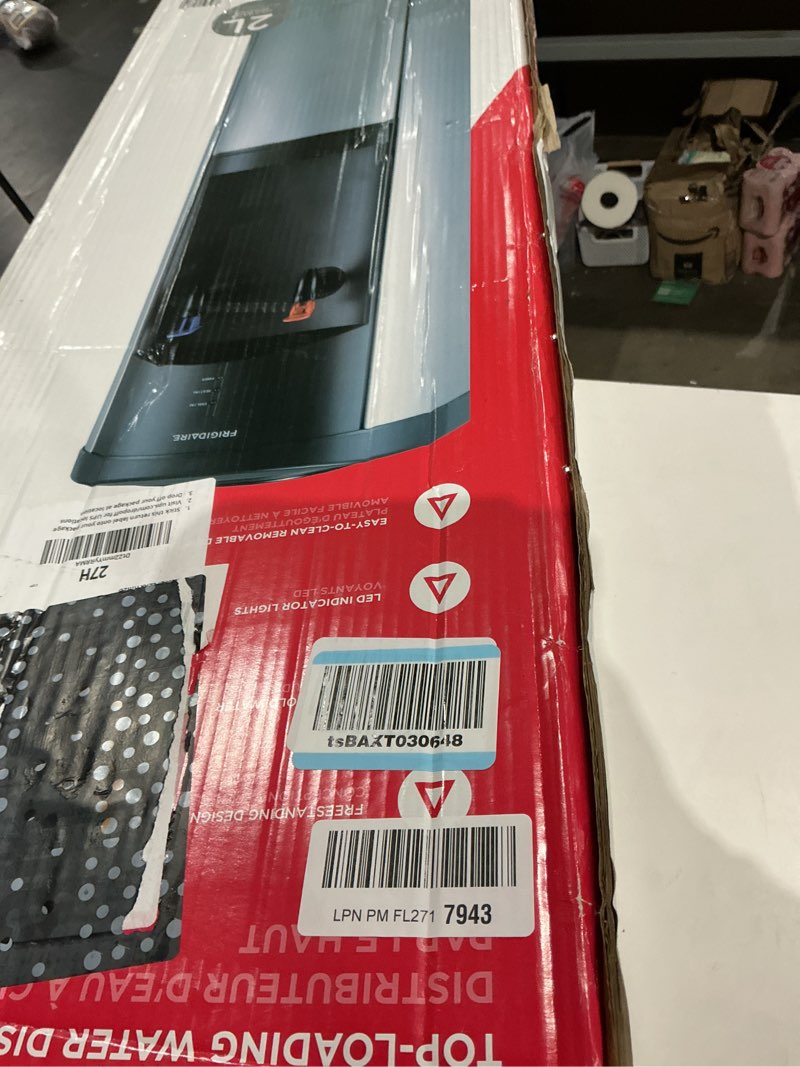Condition photo showing New/Like New for frigidaire water cooler dispenser, top load water cooler for home, garage, dorm, rv & cottage, hot & cold water dispenser for 3 and 5 gallon bottles, stainless steel top-load