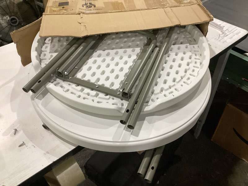 Condition photo showing Good Condition for lakhow 2 pack cocktail table 28in folding round high top indoor outdoor with removable legs, tall bistro foldable bar height table for parties, patio, backyard, dining room, events, white 28''×43''/2pc white