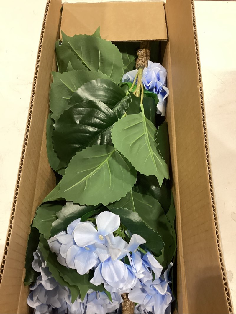 Condition photo showing Good Condition for 31" large artificial blue hydrangea floor plant, realistic faux silk floral arrangement in black pot, uv resistant tall outdoor decorative flowers for porch, patio, office & home entrance blue 1