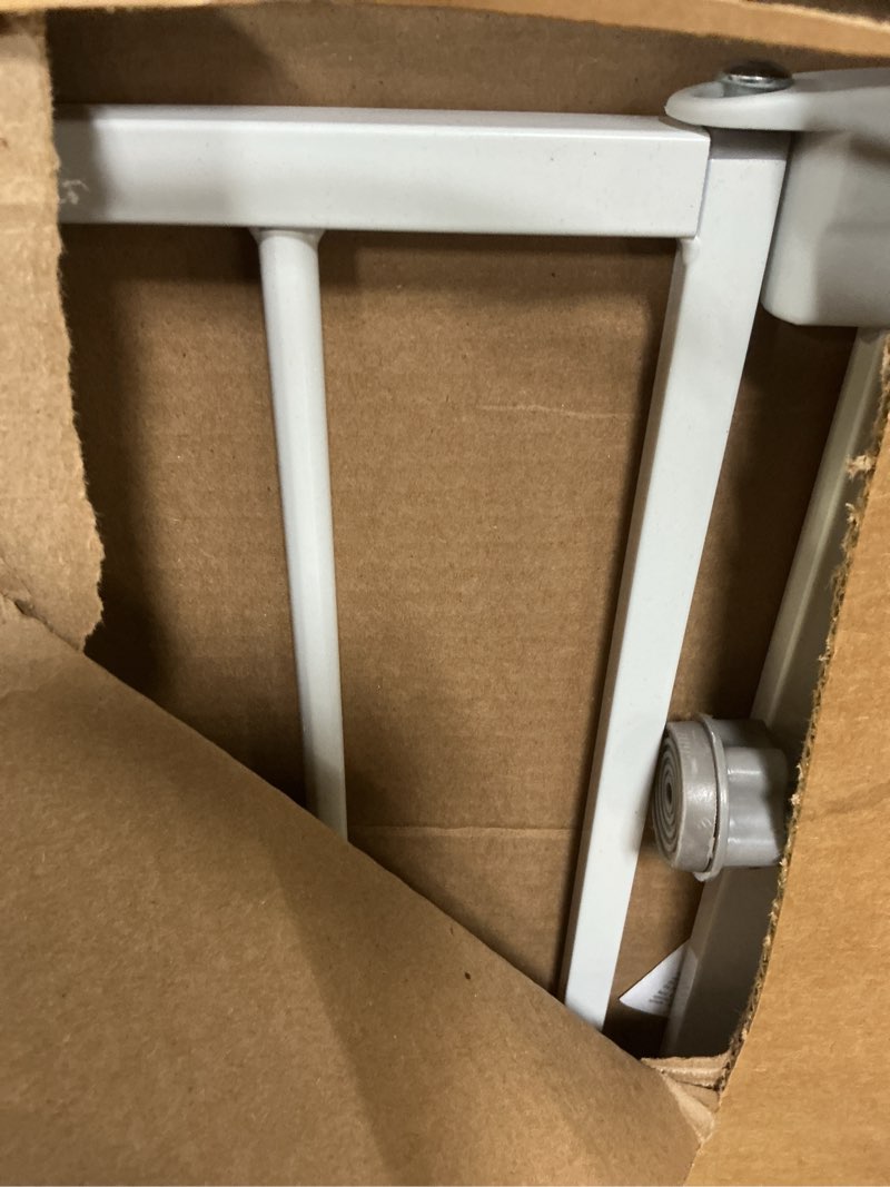 Condition photo showing As Is for regalo safety 36" extra tall and 49" wide baby gate for doorways & bottom of stairs, pressure mounted walk through baby gate for toddlers & pets, tested & safe, american designed, american owned white 29-49"w x 36"h