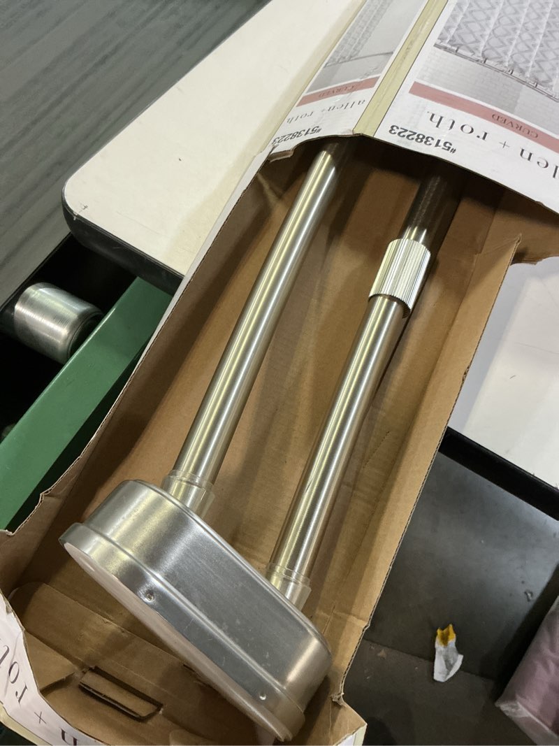 Condition photo showing As Is for allen + roth 44-in to 72-in brushed nickel fixed or tension double curve adjustable shower curtain rod
