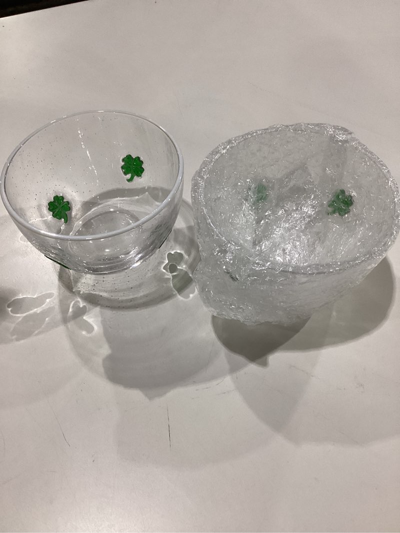 Condition photo showing Good Condition for 2 pcs st. patrick's day clover candy bowls dish, 14oz green clover clear glass snack dessert bowl with bubble for office desk lucky irish gifts party favors table decoration green clover 2