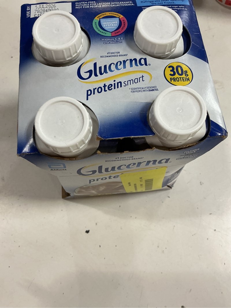 Condition photo showing New/Like New for (use by 07/01/26) glucerna protein smart shake chocolate non-caffeinated - 4pk