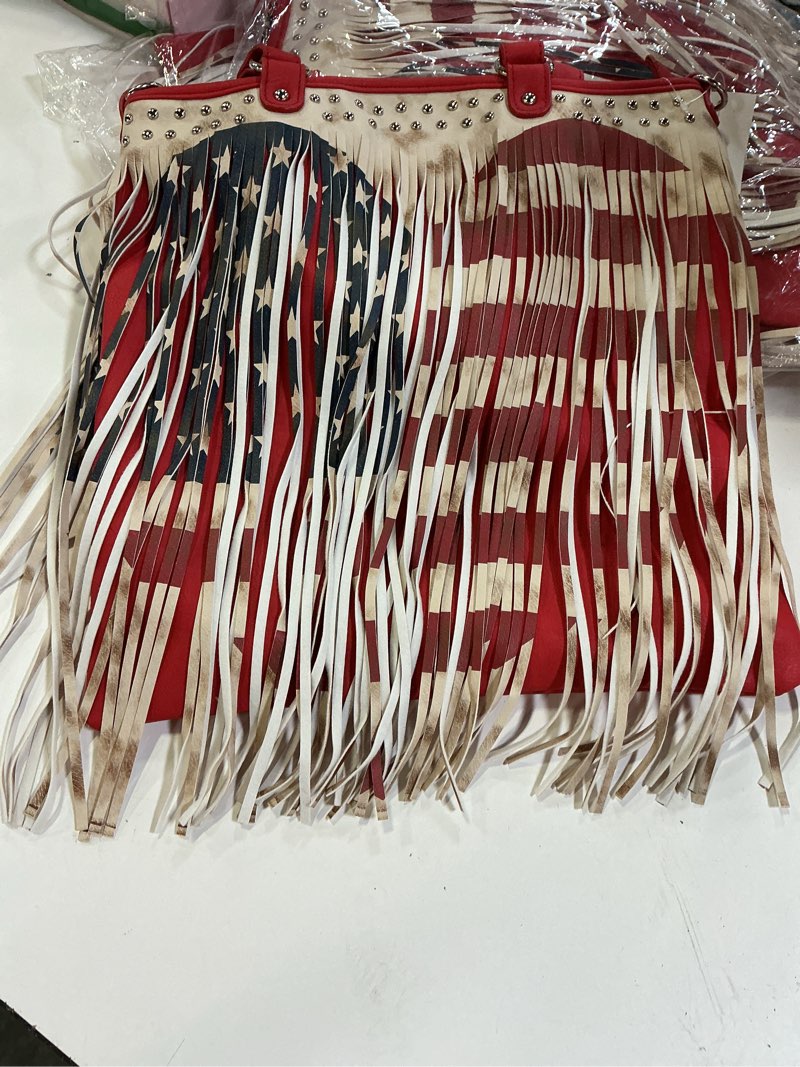 Condition photo showing Good Condition for fringe american flag tote bag - by montana west