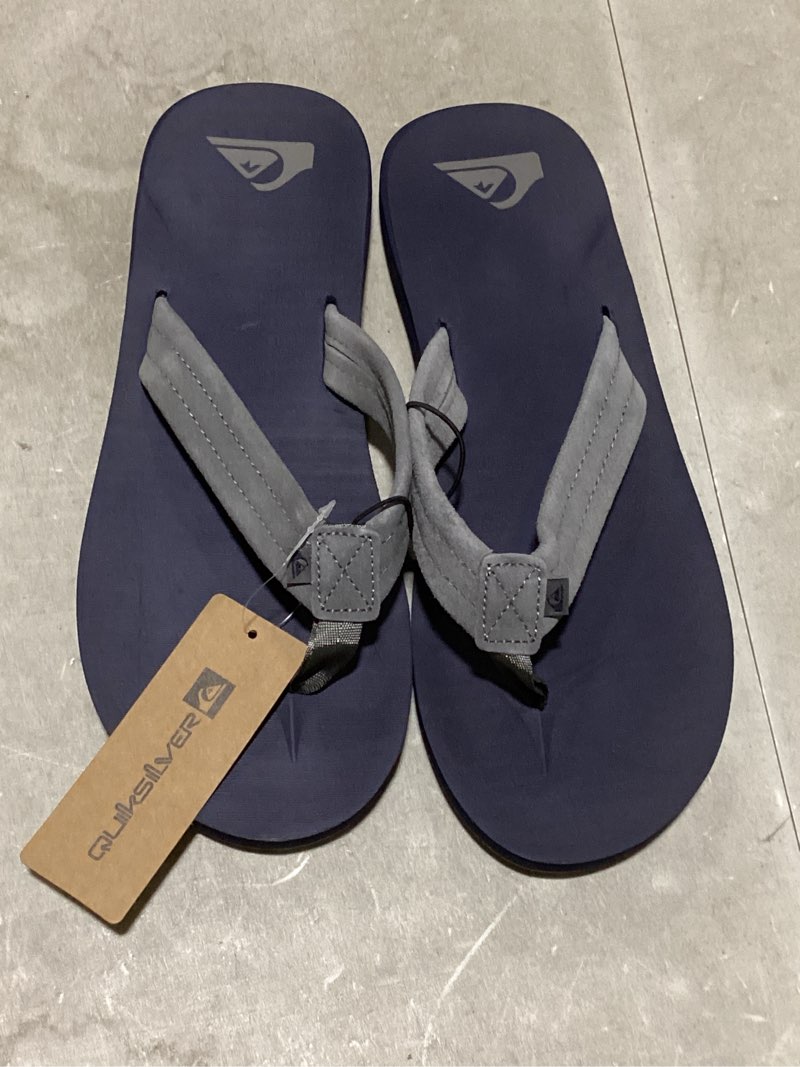 Condition photo showing New/Like New for quiksilver carver suede flip flops for men, arch support athletic mens sandals, thong mens slides 13 dark blue/light grey