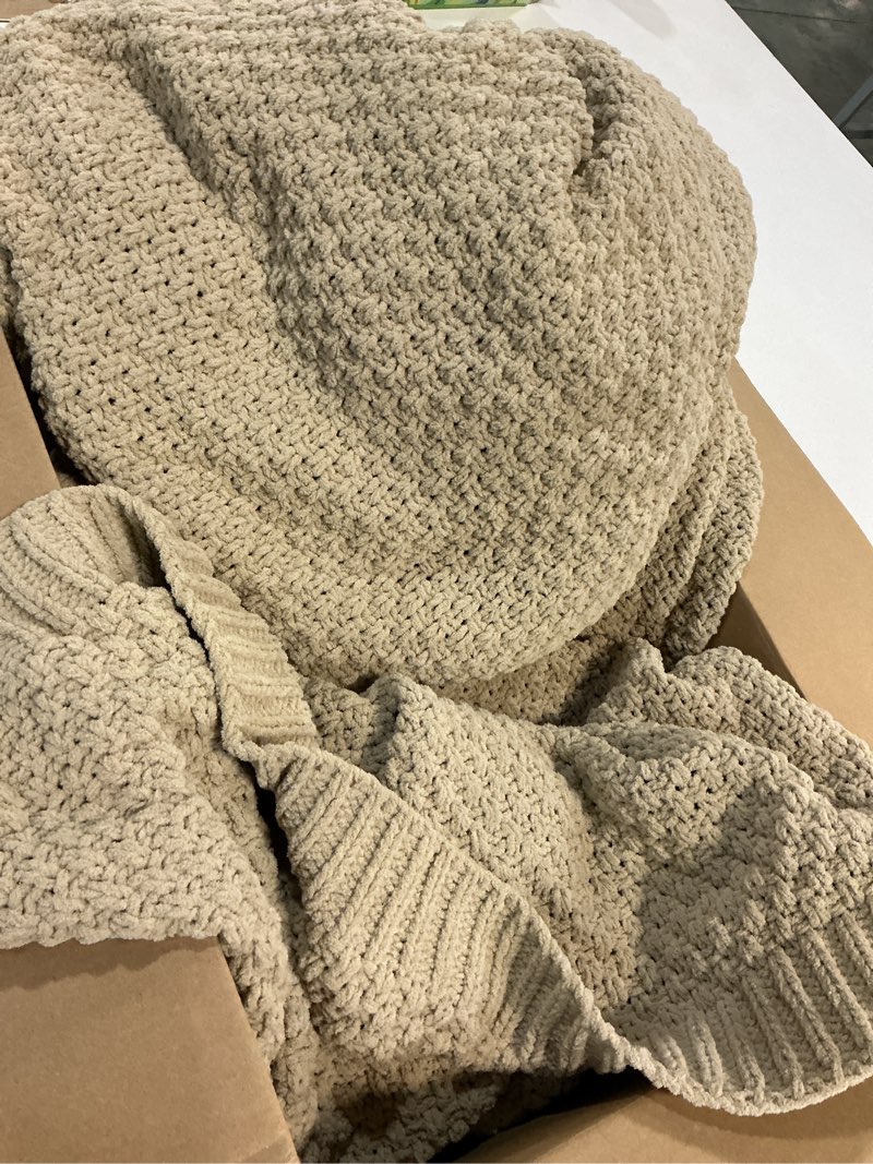 Condition photo showing As Is for wdcozy chunky cable knit throw blanket super soft warm knitted throw blanket for couch, sofa, chair, bed lightweight breathable cozy comfortable home decorative camel tan beige 50x60 inches beige throw (50" x 60")