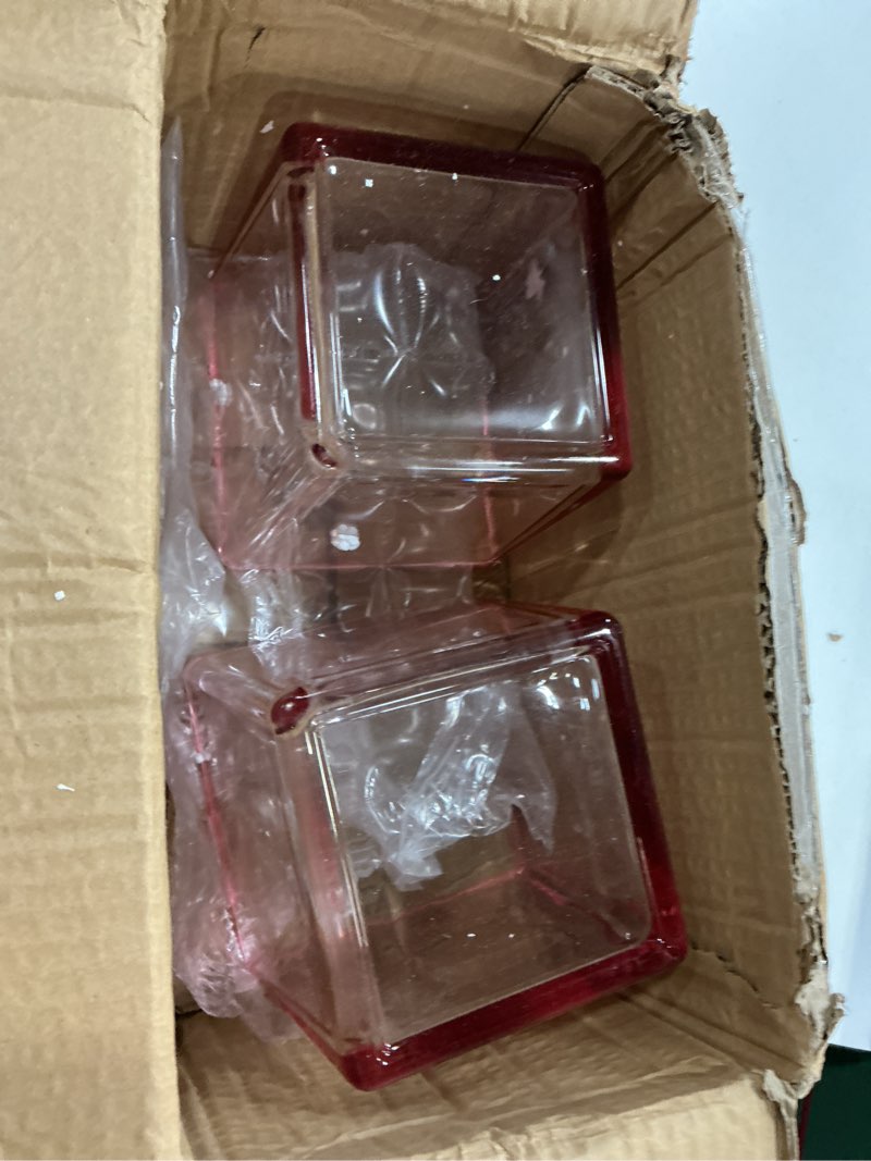 Condition photo showing As Is for square pink glass vases set of 2, 6" x 6" x 6" square vase for centerpieces, flower vases for centerpieces, small vase for wedding, party, home office decoration pink 6 inch-2 pcs