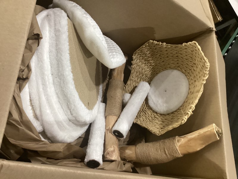 Condition photo showing As Is for easyego modern cat tree, aesthetic wood cat tree tower for large cats, luxury cat condo with scratching posts and flower platforms, cat furniture by easyego, (rabbit hair - white) rabbit hair - white standard - one flower