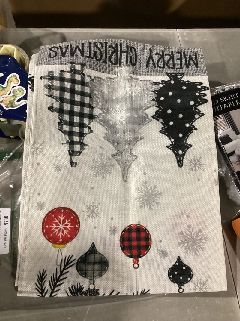 Condition photo showing Good Condition for SIMILAR TO STOCK PHOTO..  UNKNOWN SIZE  Christmas Tree Table Runner 108 Inches Long for Dining Table Decor,Winter Silver Leaves Ball Snowflake Black Burlap Linen Farmhouse Table Runner Coffee Table Runners Dresser Scarf for Kitchen Party 13 x 108 in Black