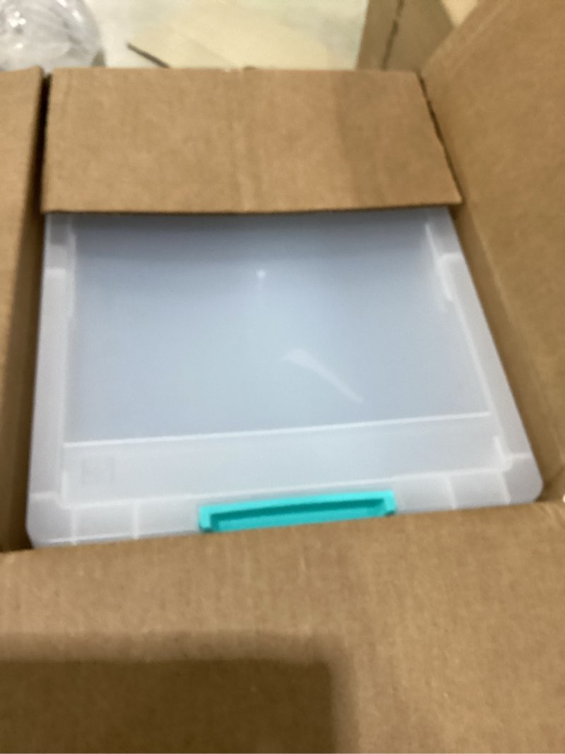 Condition photo showing As Is for 4 pack a4 plastic file organizer box, clear flat stackable storage box with latching lids