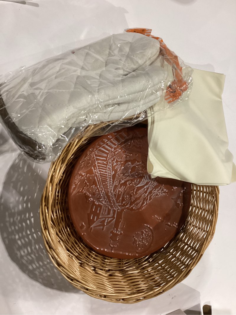 Condition photo showing New/Like New for Bread Basket with Terracotta Warming Stone, Tea Towel and Oven Mitts