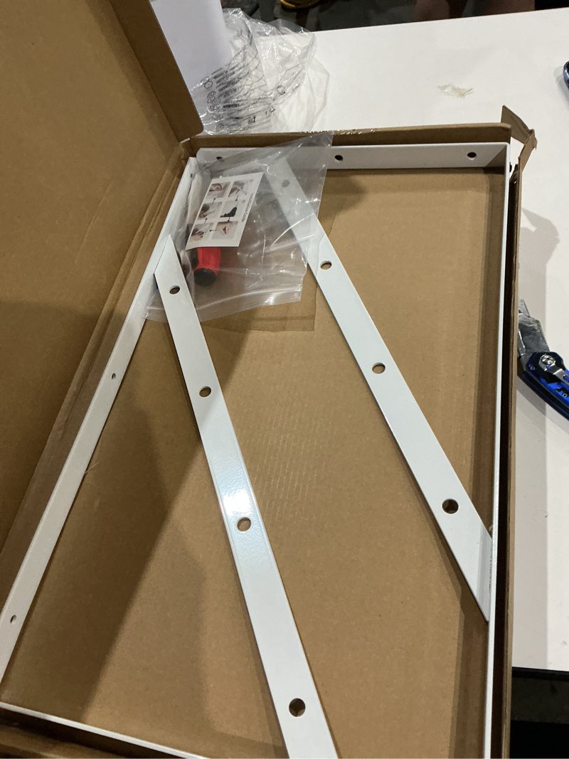 Condition photo showing Good Condition for heavy duty shelf brackets, 2-pack 20-inch white floating brackets, 300 lb max load metal decorative triangular wall mount brackets