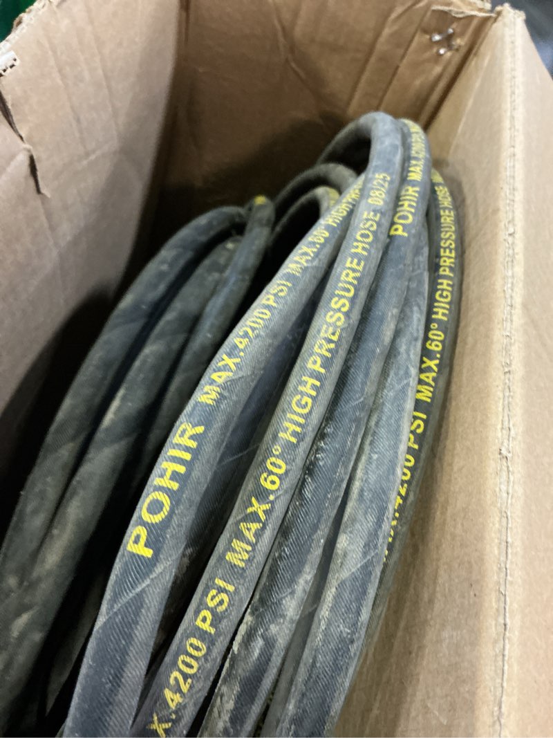 Condition photo showing As Is for POHIR Pressure Washer Hose 50 ft with 3/8 Inch Quick Connect, Kink Resistant High Tensile Wire Braided,with 2 pcs M22 14mm Adapter Set, 4200 PSI Power Washer Hose 50FT