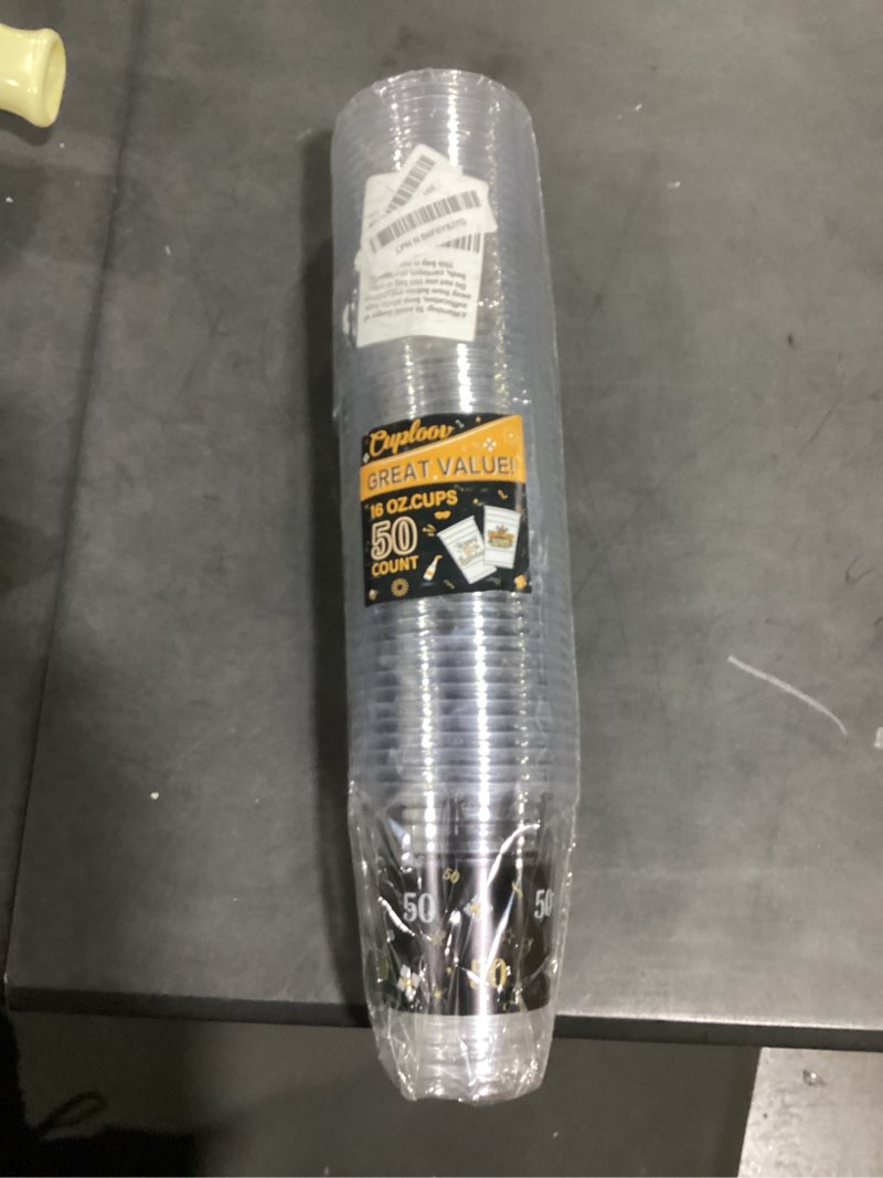 Condition photo showing Good Condition for 50 pcs 50th birthday party plastic cups bulk, 16 oz black gold plastic clear disposable drinking cups for celebrating 50 years old birthday party supplies decorations women men