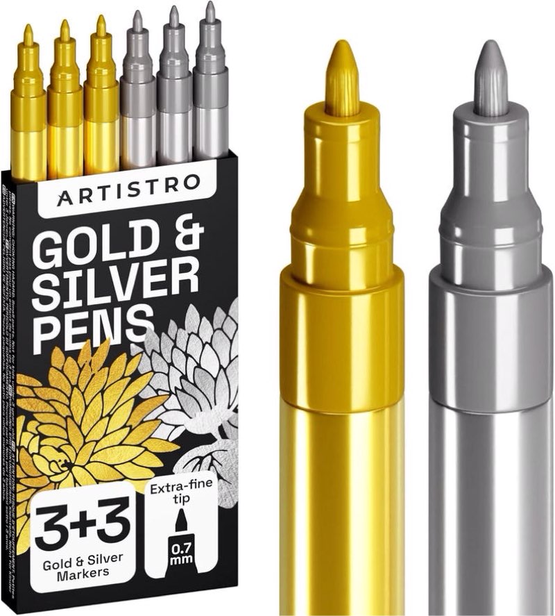 3 Gold & 3 Silver Metallic Acrylic Paint Pens Rock Painting Ceramic Glass Wood Fabric Canvas Metal Scrapbooking Water-Based Extra-Fine Tip