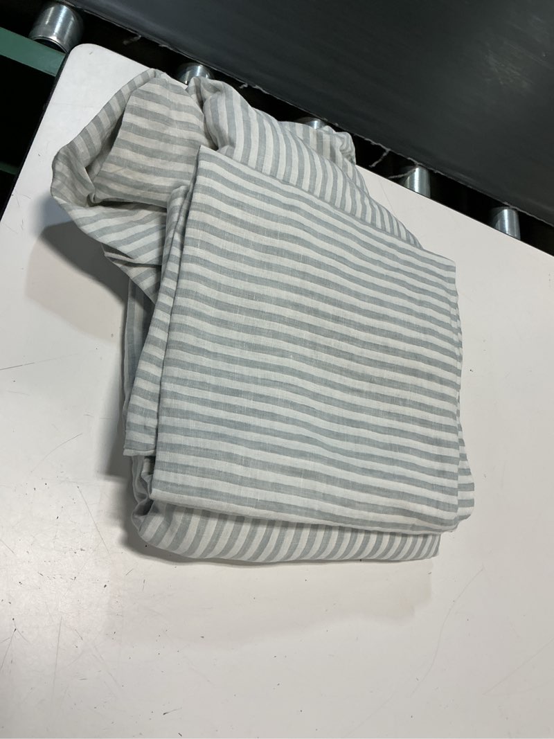 Condition photo showing As Is for european linen stripe duvet cover set 3 pieces size/king color: mist/white stripe