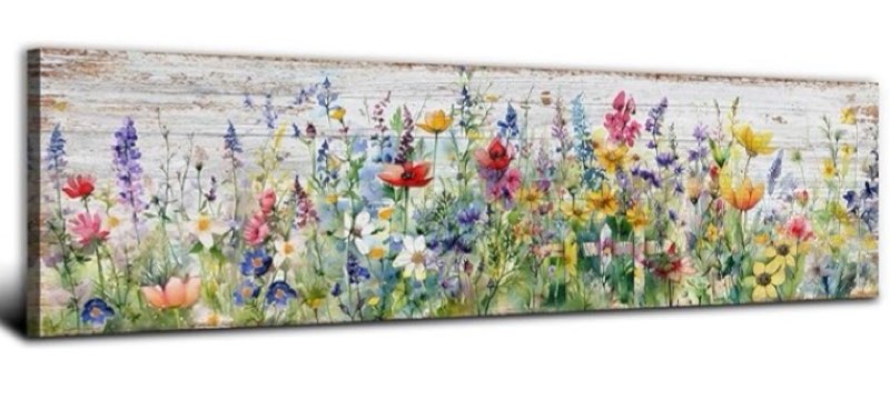 rustic wildflower wall art colorful farmhouse floral scenery picture decor watercolor flower landscape wood grain prints painting artwork for living room office bathroom bedroom home decoration 14x48"