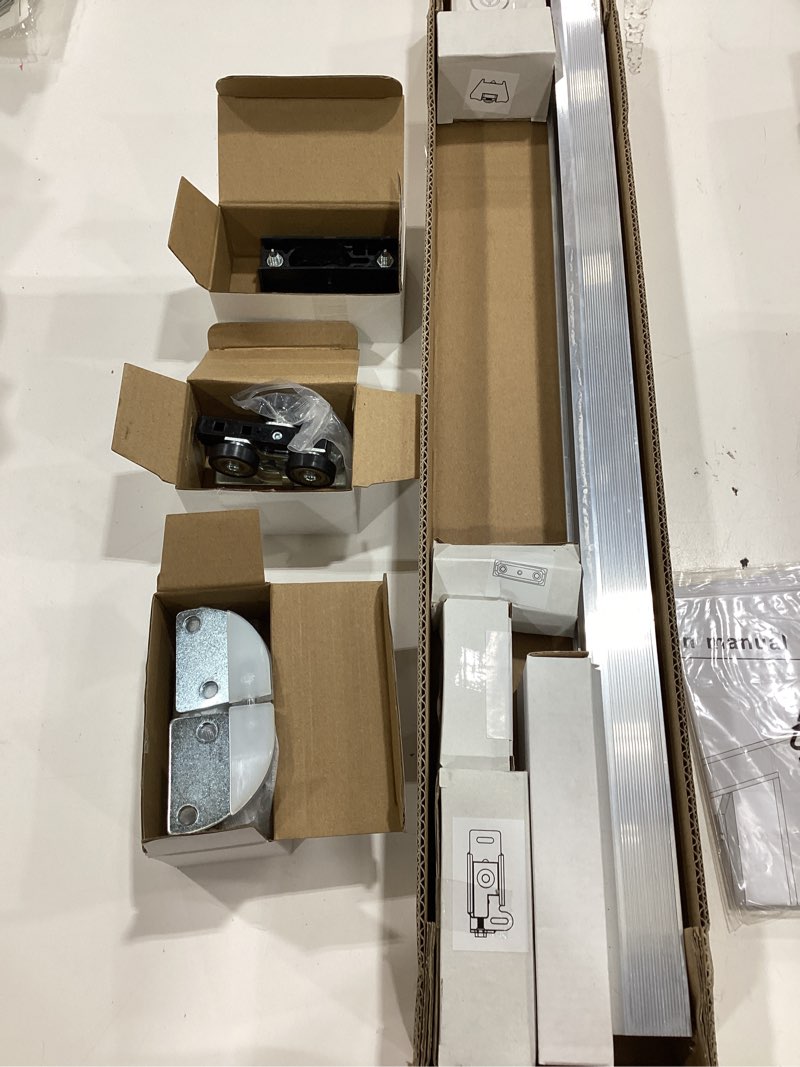 Condition photo showing As Is for 24" bifold door hardware kit for 2 doors,aluminum sliding barn door hardware top mounted for bathroom, bedroom, storeroom, living room 24"-2 doors
