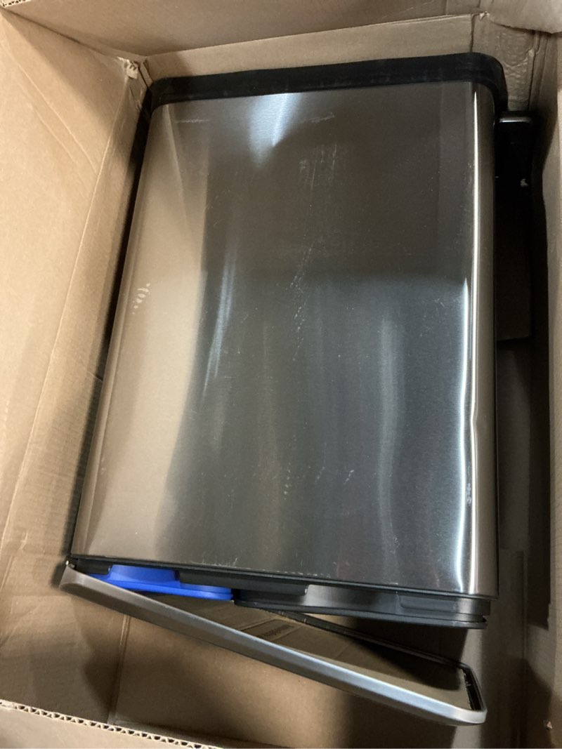 Condition photo showing Good Condition for home zone living 13 gallon slim kitchen trash can with dual compartments for trash and recycling, soft close lid, step pedal, stainless steel, silver brushed silver