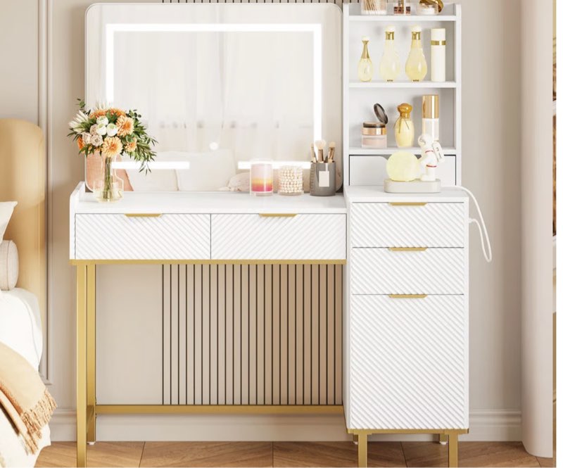 45.3’’l modern style vanity desk with mirror, led lights and power outlet, bedroom makeup vanity table with storage cabinet and 4 drawers