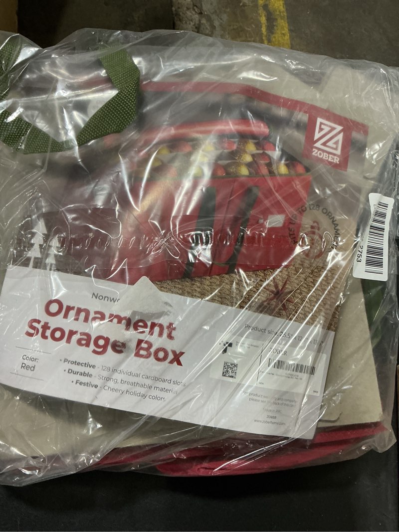 Condition photo showing Good Condition for ZOBER Large Christmas Ornament Storage Box - Stores 128 3" Ornaments, With Dividers - Ornament Organizer Storage Box, Durable Christmas Containers Holder - Extra Pockets, Dual Zipper - Red 128 - 3" Ornaments Red