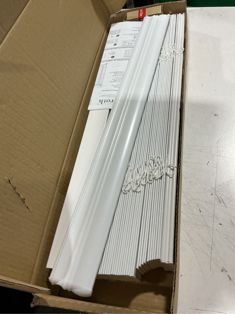 Condition photo showing As Is for allen + roth trim at home 2-in slat width 23-in x 72-in cordless white faux wood room darkening horizontal blinds