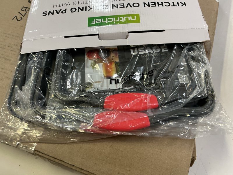 Condition photo showing New/Like New for NutriChef 3-Piece Nonstick Kitchen Oven Baking Pans - Premium & Stylish Non-Stick Steel, Commercial Grade Restaurant Quality Metal Bakeware with Red Silicone Handles - Easy to Clean, NCSBS3S