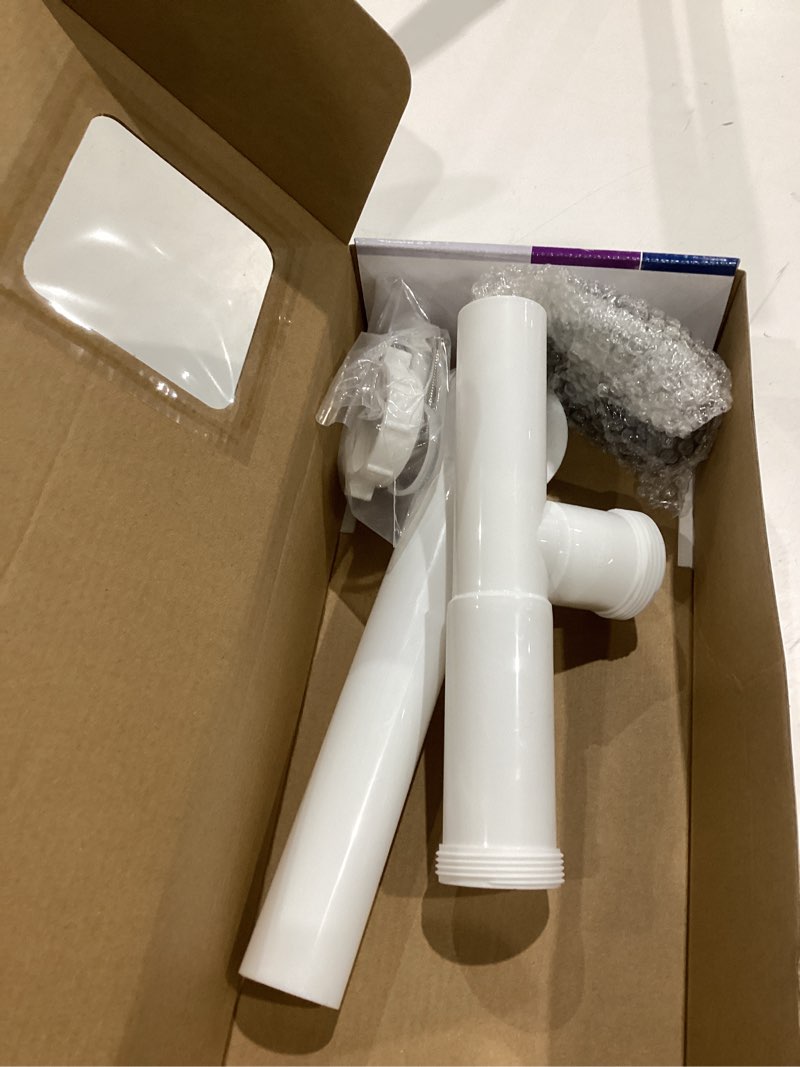 Condition photo showing As Is for inomplete)))dearborn 1-1/2-in brushed nickel push n' pull white/brushed nickel push-pull drain with polypropylene pipe included