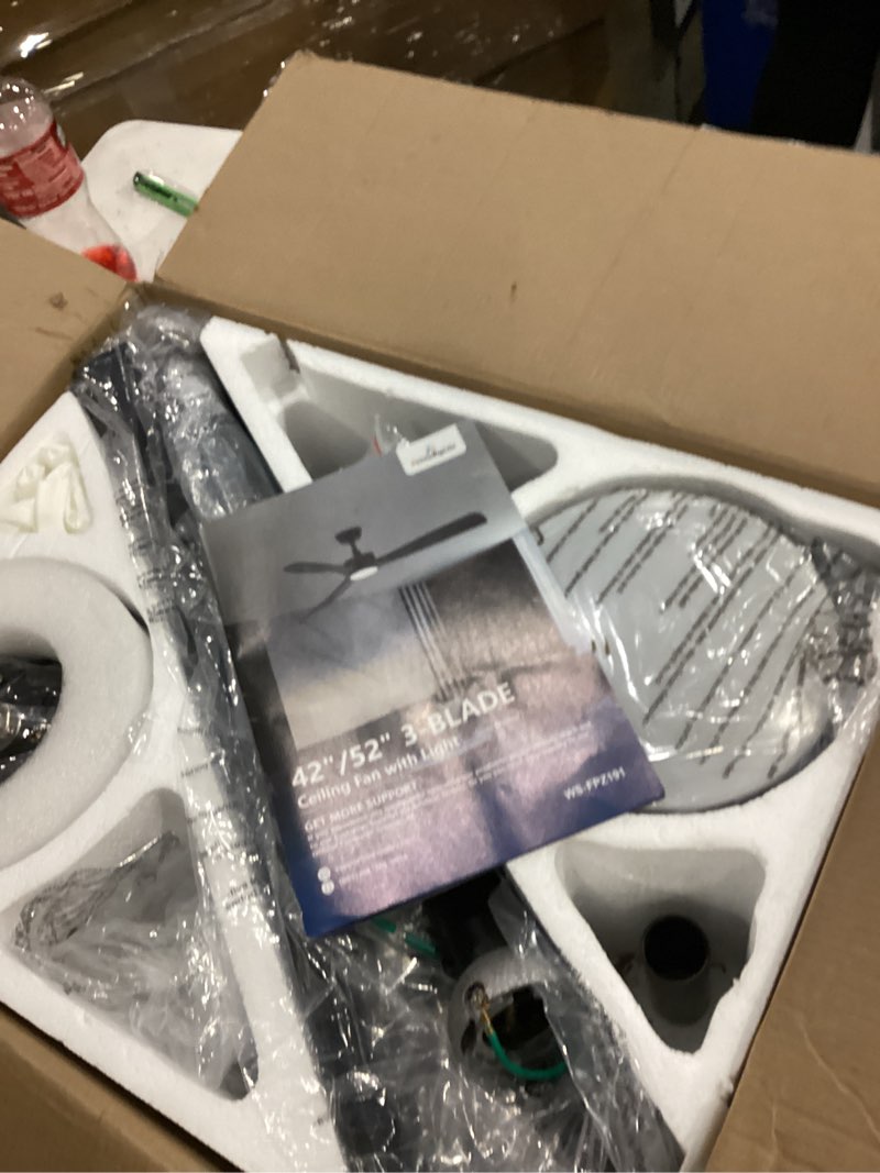 Condition photo showing As Is for Black Ceiling Fan with Light: 42-Inch Ceiling Fan 3 Blades Low Profile Outdoor - Modern Ceiling Fans with Remote APP Control Quiet Reversible DC Motor for Patio Living Room black 42 Inch - with light