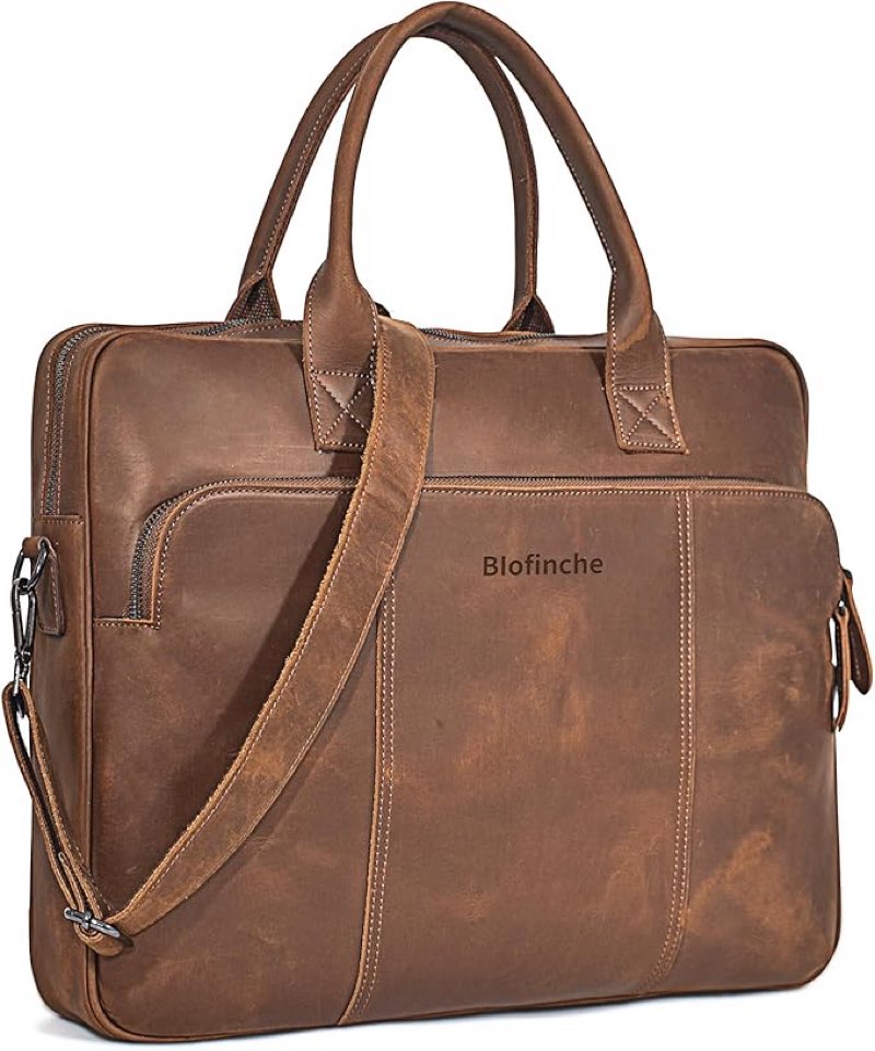 Blofinche Genuine Leather laptop briefcase mens 18 inch Computer Messenger shouledr work Satchel bags Dark Brown