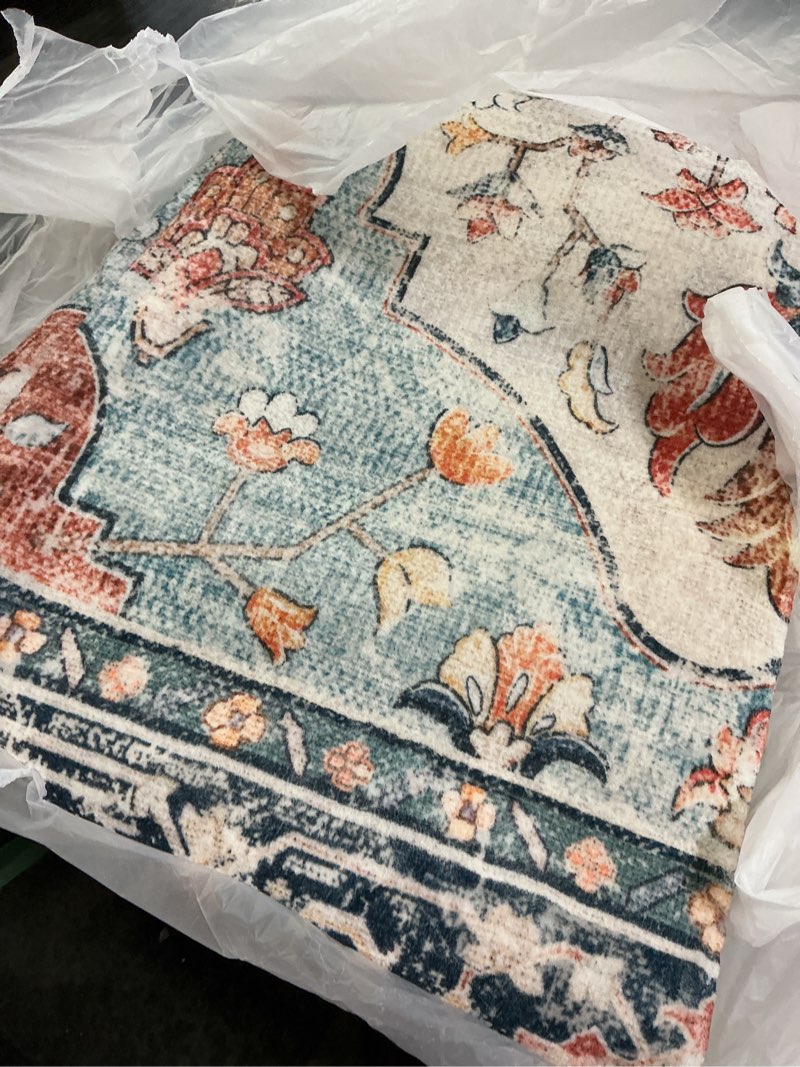 Condition photo showing Good Condition for releany area rugs 5'x8' washable non-slip, floral vintage distress medallion carpet for living room bedroom dining room, beige navy blue orange colorful beige/blue/orange 5' x 8' (rectangular)
