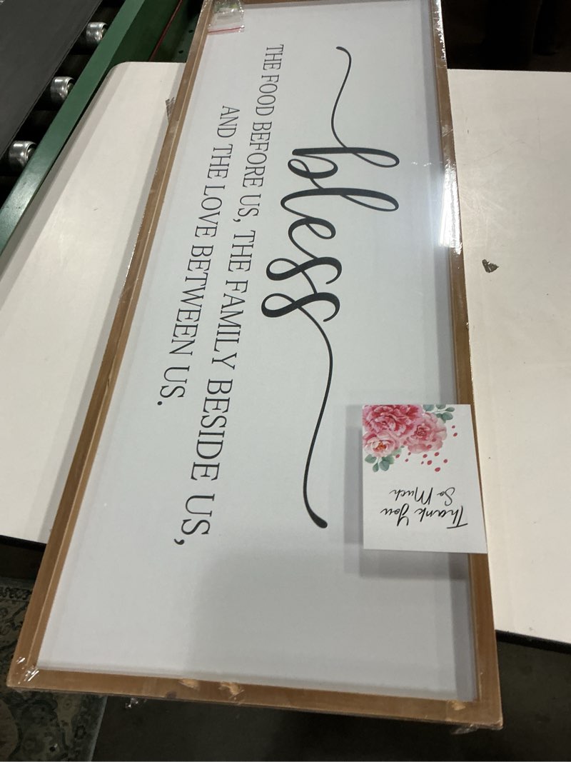 Condition photo showing As Is for Rutiyoka Bless the Food Before Us Sign Framed Farmhouse Dining Room Wall Decor Large 42"×15" Wood Kitchen Wall Art Brown bless the food (brown frame)