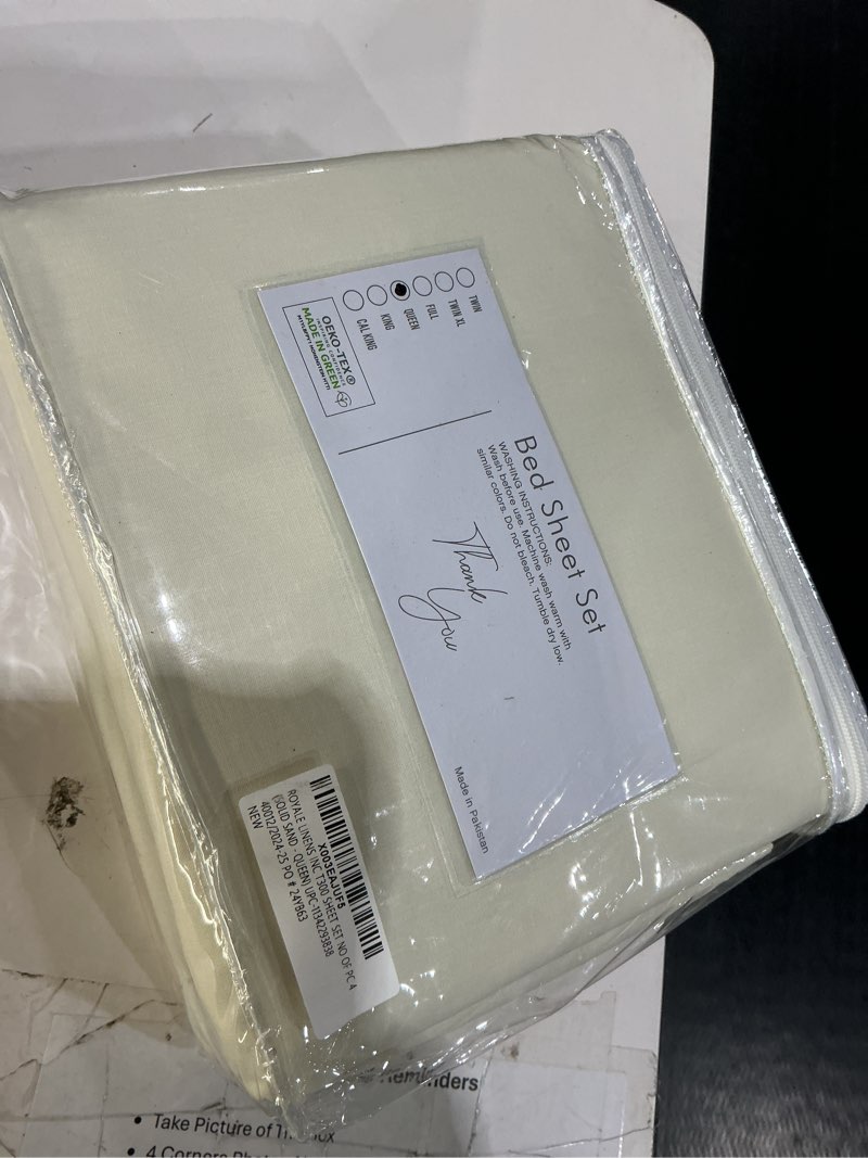 Condition photo showing Good Condition for royale linens 300 thread count 100% long staple combed cotton sheet set - 4 piece queen bed sheets - 1 fitted, 1 flat & 2 pillow cases - soft cool & crisp sheet set (queen, sand) sand queen
