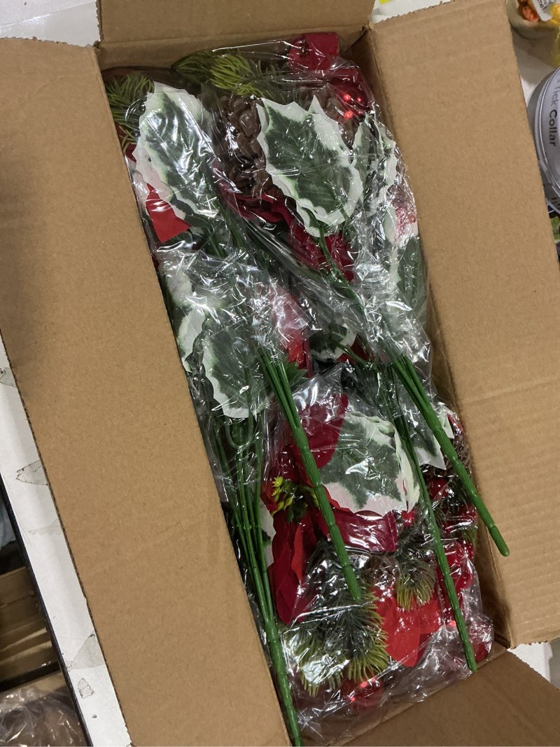 Condition photo showing New/Like New for Agusbagli 12 Pcs Christmas Poinsettia Flowers Artificial 12’’ Fake Poinsettias Stems Red Faux Poinsettia Flowers Bouquet for Home Mantle Christmas Table Centerpieces Decorations Red&green 12