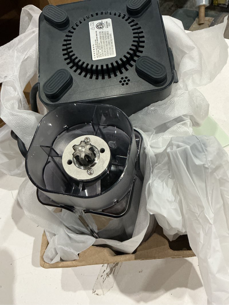 Condition photo showing Good Condition for chefman obliterator 48 oz countertop blender for smoothies, 1380w motor to crush ice, nuts, and frozen fruit with stainless steel blade, auto blend function, includes tamper and scraper midnight power blender