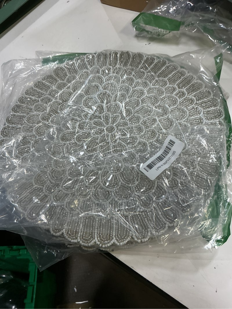 Condition photo showing New/Like New for beaded placemats for dining table - pack of 2 measure 13 inches beaded placemats round for gathering, occasional decoration and family parties celebrations - white white 13" (pack of 2)